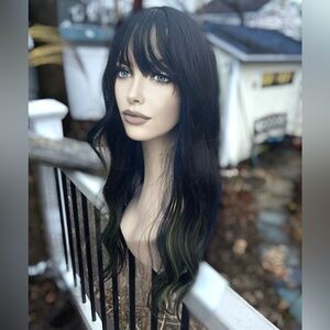Grouchy Green Subtle Green Highlights Black Wig